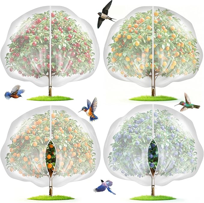 4-Pack 12x10FT Fruit Tree Netting Bags, Bird Netting Safeguard Apple Trees and Blueberry Bushes from Birds, Pest and Deer, Cicadas Netting Cover with Zipper and Drawstring
