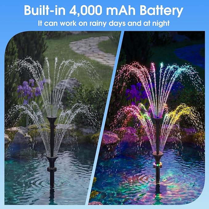 AMZtime 20W Solar Fountain Pump, Solar Water Pump with Lights Built-in 4000mAh Battery, 2026 New DIY Solar Water Fountain for Bird Bath, Pool, Pond, Garden, Fish Pond, Small Waterfall