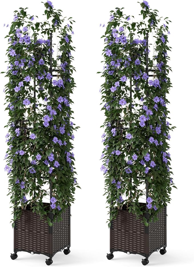 HAPPYGRILL 87" Raised Garden Bed w/Trellis, Self-Watering Planter Box w/ 3 Adjustable Heights, Lockable Wheels for Climbing Plants Flowers Vine, Indoor Outdoor Vertical Tomato Cage for Garden (2)