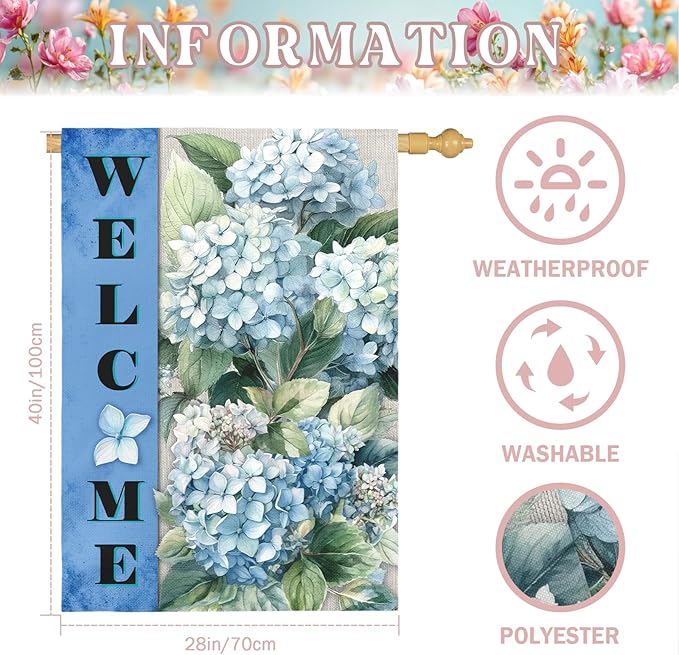Hydrangea Garden Flags Welcome Spring Summer House Banners Blue Floral Oversized Yard Flag for Outside Double Side Purple Hydrangeas Flowers Rustic Banner Decor Large Size 28 x 40 Inch