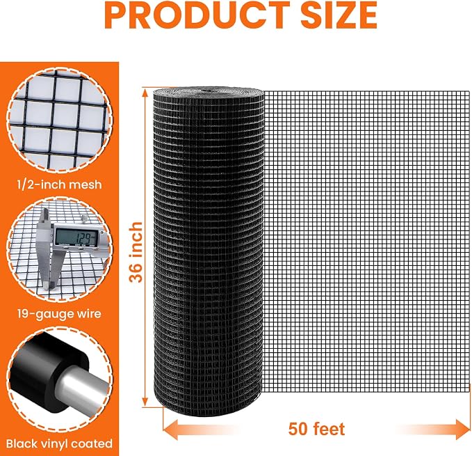 Black Hardware Cloth 1/2 inch 36 x 50 ft 19 Gauge - Vinyl Coated Wire Mesh Roll Chicken Wire Fencing, Chicken Wire Mesh, Wire Fence Rolls for Home and Garden Projec