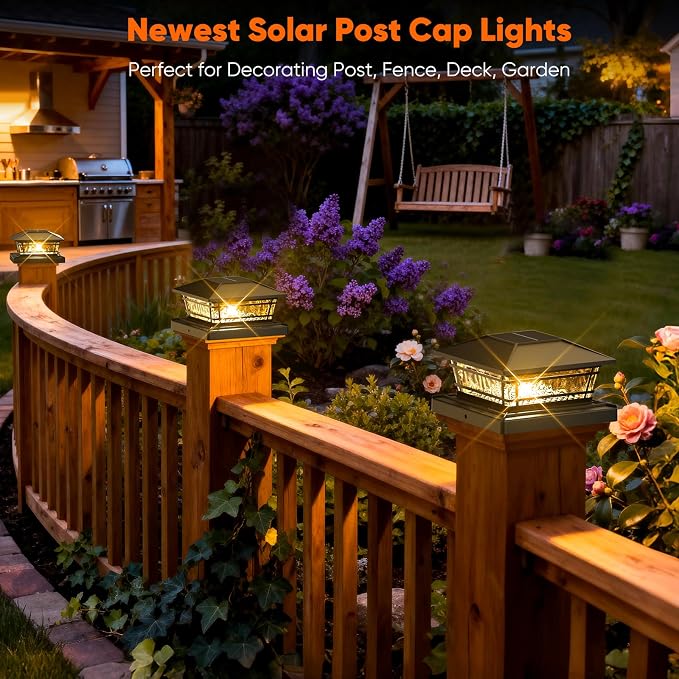 Solar Post Cap Lights Outdoor with 8 RGB Solid Colors & Color Changing,Fence Post Solar Lights for Porch Patio Yard, Waterproof Deck Post Solar Lights for 4x4 5x5 6x6 Vinyl/Wooden Posts, Black