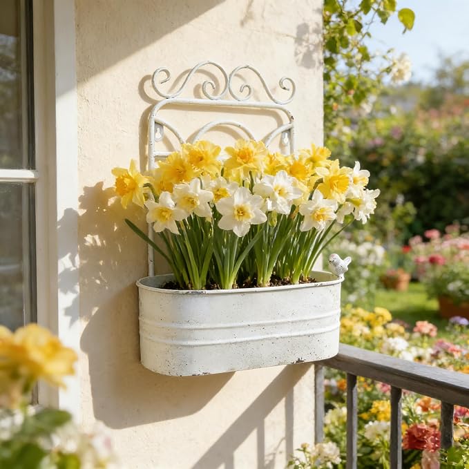Rustic Metal Wall Planter Vintage Wall Mounted Flower Pot Distressed Wall Hanging Plant Basket Farmhouse Wall Decor for Indoor Outdoor Garden Home Yard (White)