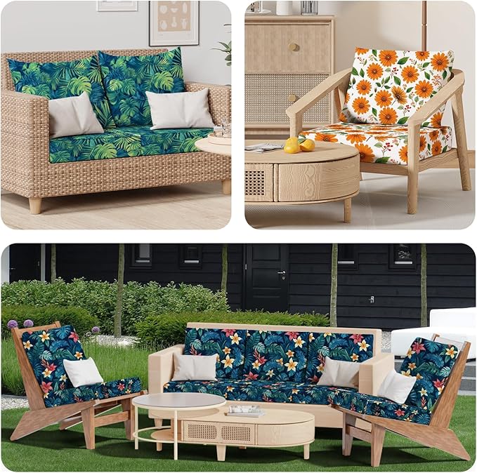 8Pcs Patio Stretch Cushion Covers, Outdoor Couch & Sofa Replacement Slipcovers for Patio Furniture Cushion Covers, Washable Reusable Furniture Protector, Square Large, Rainforest