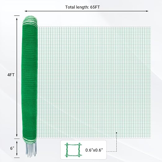 Temporary Fence with Posts 4' x 65' Suitable for Backyard, Garden | Boundary Chicken Fence with Double Spiked Fiberglass Posts & Windbreak Rope, Portable Non Electric Fence Netting
