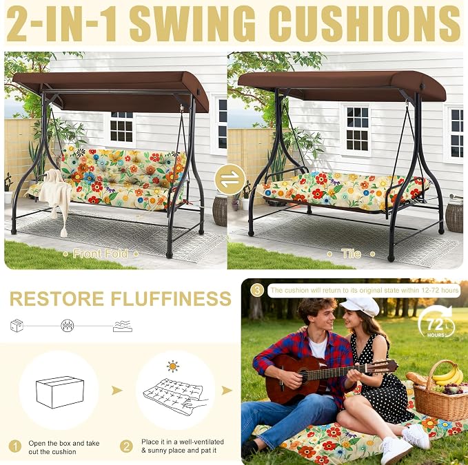 Porch Swing Cushions Outdoor 60 inch x 40 Waterproof Swing Cushions 3 Seater Replacement with Backrest & 8 Ties 5" Thick Bench Swing Cushions for Outdoor Furniture Patio(Floral Pattern)