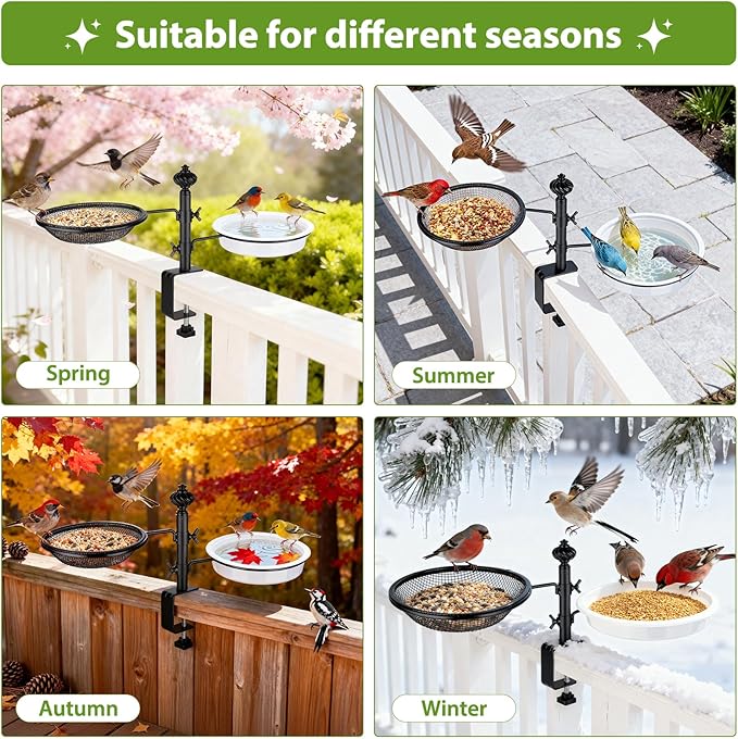 Deck Bird Feeders with Metal Tray and Water Bowl, BOLITE Balcony Bird Feeders Detachable Adjustable Heavy Duty Clamp Bracket, Attracting Birds, Black, Gifts for Women Men