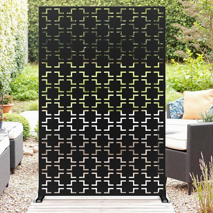 Metal Privacy Screen for Outdoor Freestanding Privacy Screens, 72" H x 47" W Decorative Wall Panels with Stand, Patio Balcony Screens for Outside Outdoor Divider Deck Porch Garden and Indoor