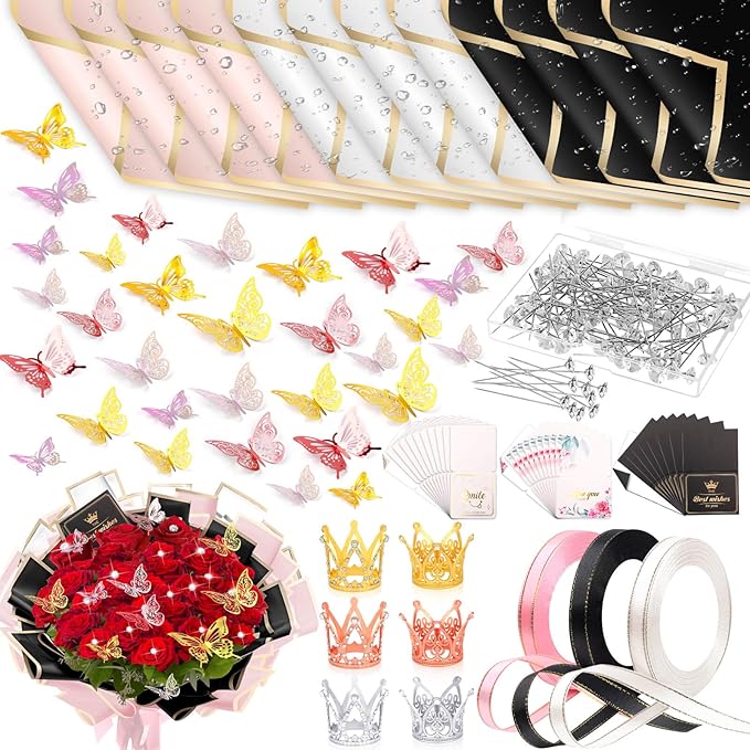 Tetutor 241 pcs Waterproof Flower Wrapping Paper,Bouquet Wrapping Paper Sheets, Floral Wrapping Paper Bouquet With Ribbons Flower Pins 3D Butterflies and Crowns for Florist Wrap