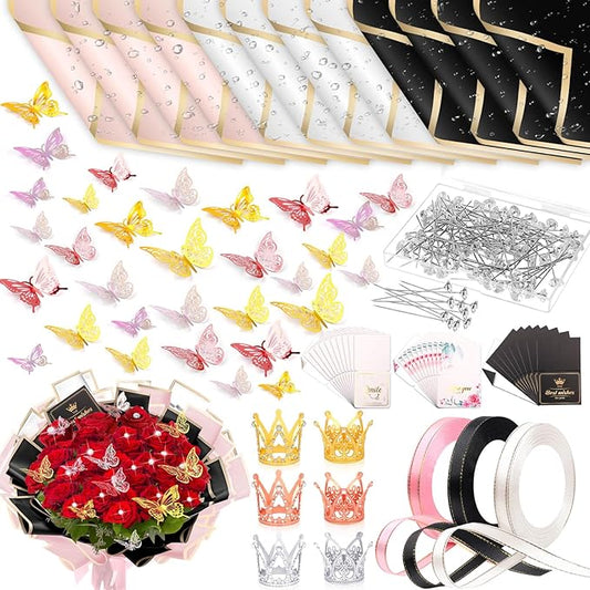 Tetutor 241 pcs Waterproof Flower Wrapping Paper,Bouquet Wrapping Paper Sheets, Floral Wrapping Paper Bouquet With Ribbons Flower Pins 3D Butterflies and Crowns for Florist Wrap