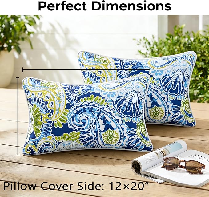 JMGBird Lumbar Support Pillow Set of 2 - Paisley Pattern Water-Repellent Cushions with Insert for Office Chair, Car Seat, Outdoor Furniture, 12x20 Inch