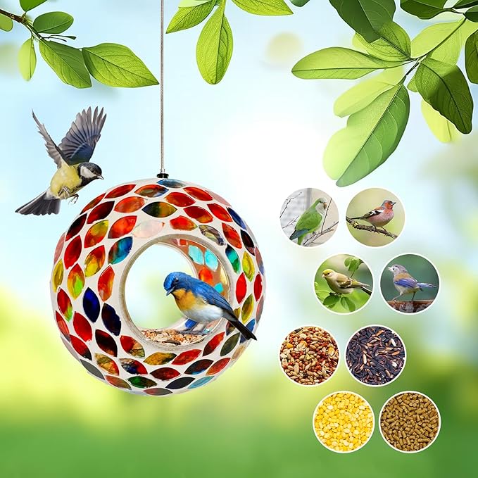 Glass Bird Feeders for Outdoor Hanging, Mosaic Fly Through Wild Bird Feeder Round Shape Birdfeeder for Outside Garden Yard Patio Decoration Red