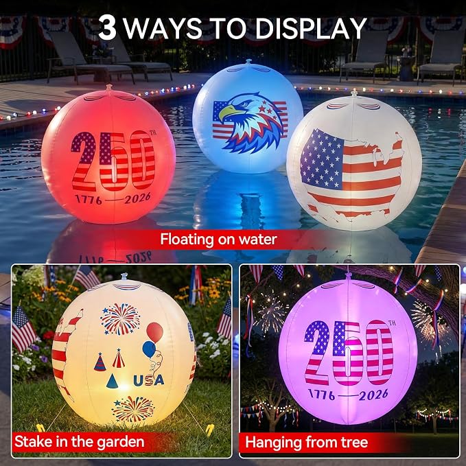 2 Pack Solar Floating Pool Lights 16", America 250th Anniversary Decorations, Patriotic Light Up Inflatable Beach Balls with Remote, Color Changing IP68 Waterproof Pool Decor for 4th of July Party