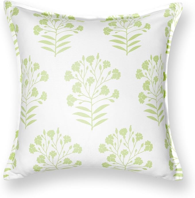 Hofdeco Premium Coastal Patio Indoor Outdoor Throw Pillow Cover Only, 20"x20" Water Repellent for Backyard, Couch, Green Print Floral