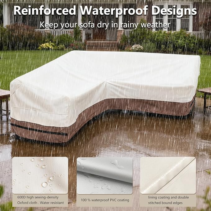 okcool Outdoor Sectional Cover,V Shaped Patio Furniture Covers for 5-Seater Outdoor Sectional Furniture Couch 85"(85''L) x 33.5''D x 31''H, Beige & Brown