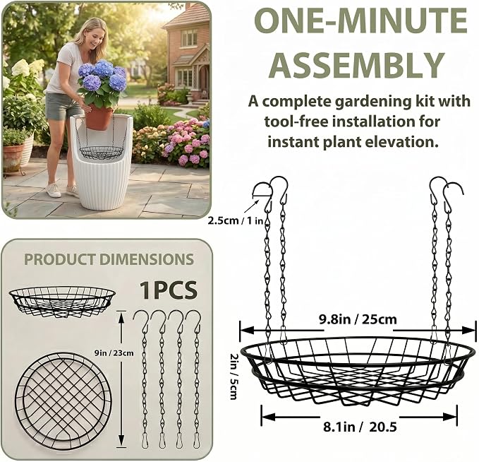 Adjustable Plant Risers for Large Tall Pots, 12-18" Planter Insert, False Bottom Pot Filler with 4 Hooks & Chains, Holds 48 lbs Rustproof Soil Saver for Indoor Outdoor Planters (1Pack, Black)