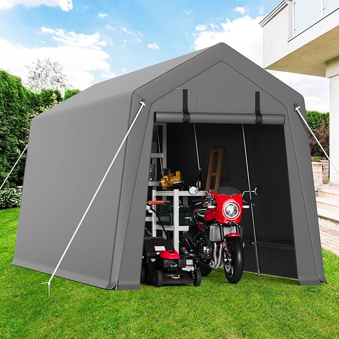 GAOMON 7'x10' Outdoor Portable Garage, Waterproof & UV-Resistant Storage Shed with 2 Roll-Up Doors, Carport Tent for Motorcycle, Bike, and Tools, Gray