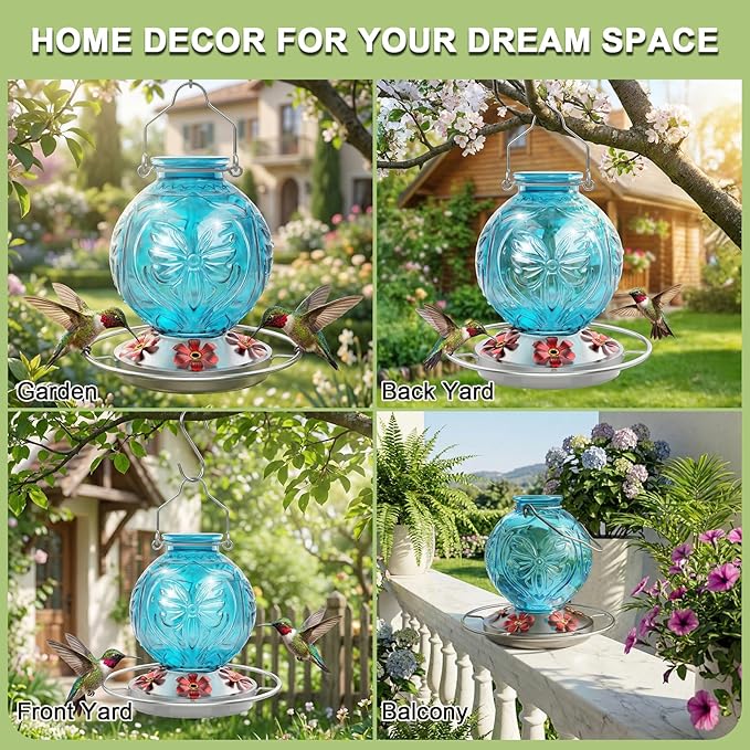 Glass Hummingbird Feeder for Outdoors Hanging, 25Oz Humming Bird Nectar Feeders with Perch & 5 Flower Feeding Ports, Leak Proof for Outside Garden Decor, Gifts for Women (Blue)