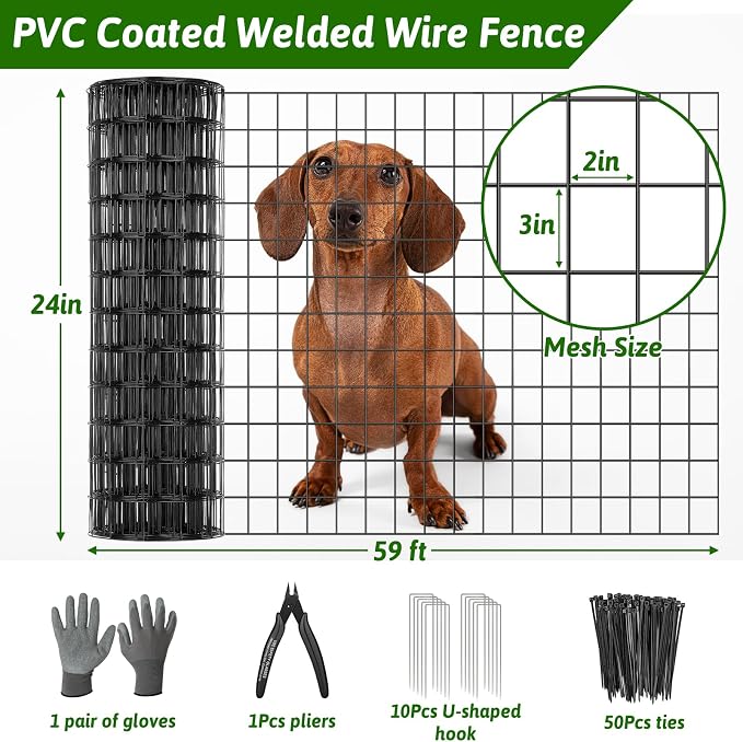 24 in x 59 Ft Welded Wire Fence Black PVC Coated Wire Mesh 2 x 3 in 14GA Garden Fence for Dog Border Fencing Roll Outdoor Animal Barrier Fence with U-Shape Hooks for Yard Plant Vegetable Protection