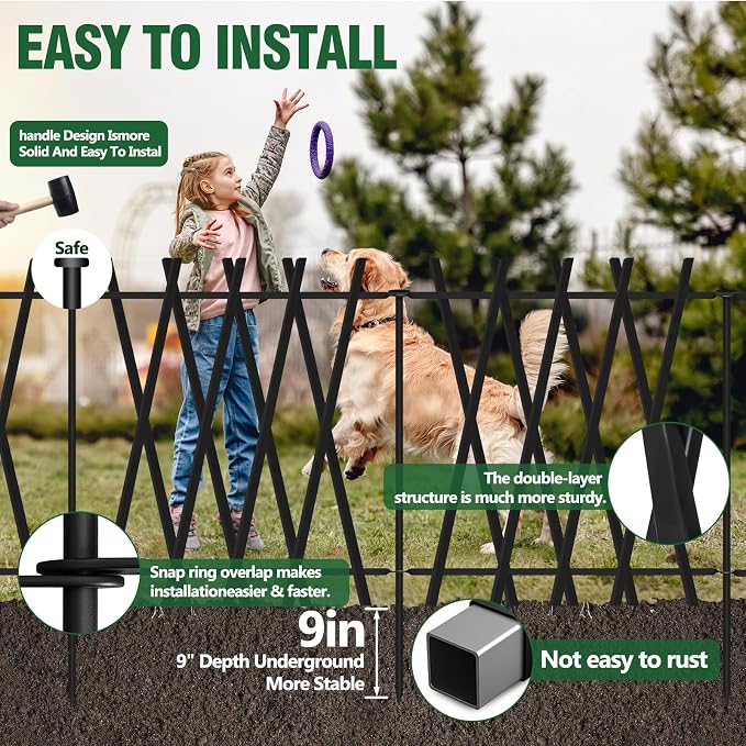 7 Panels Decorative Garden Fence 32in H x 17Ft L, Heavy Duty Metal Rustproof Animal Barrier No Dig Fencing Outdoor Dog Fence Flower Bed Border, Lawn Edging for Pet, Yard& Patio, Landscape