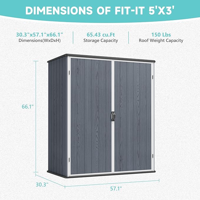 Greesum 5X3FT Plastic Storage Shed with Floor, Resin Outdoor Storaged Shed with Lockable Door, Easy Assembly All-Weather Tool Sheds for Garden, Backyard, Patio, Dark Gray (4.7×2.5FT)