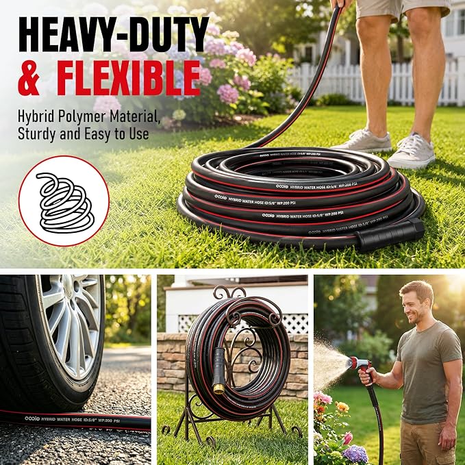 Heavy Duty Garden Hose 25ft, NON-EXPANDABLE Flexible Water Hose, Kink Resistant Lightweight Hybrid Hose, Leakproof Hose Male to Female Fittings