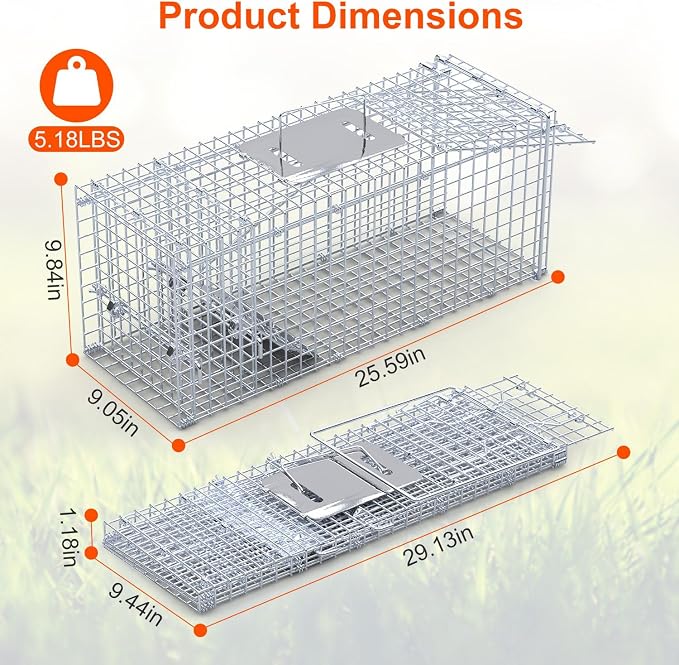 TeqHome Humane Animal Cage Trap,26"x9"x10" Heavy Duty Foldable Collapsible Galvanized Steel Live Trap for Stray Cats, Raccoons, Groundhogs,Squirrel,Chipmunk,Indoor/Outdoor Use,Easy to Catch & Release