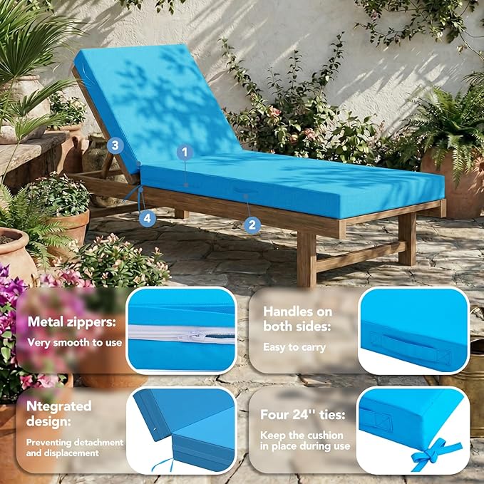 L'AGRATY Outdoor Lounge Chaise Cushion: 72x21x3 Inch Waterproof Lounge Chair Cushion for Outdoor Furniture with Fade Resistant Removable Cover - Patio Lounge Cushions for Pool Lawn Deck(Blue 2Pcs)