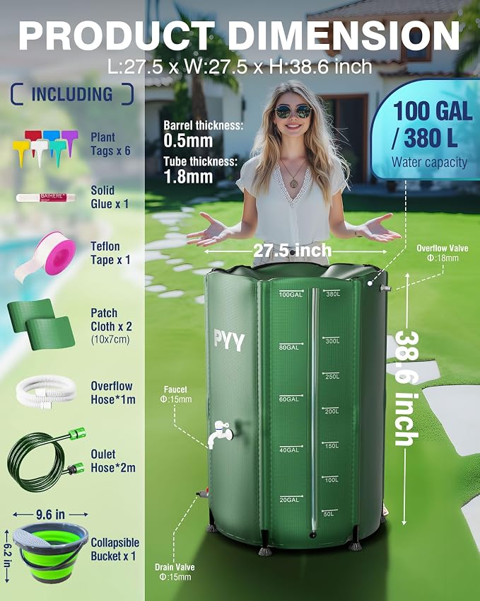 PYY Rain Water Collection Barrel - 100 Gallon Green Large Water Storage Tank with Spigots, Portable Rain Catcher to Collect Rainwater from Gutter, Plastic Rain Catchment System with Collapsible Bucket