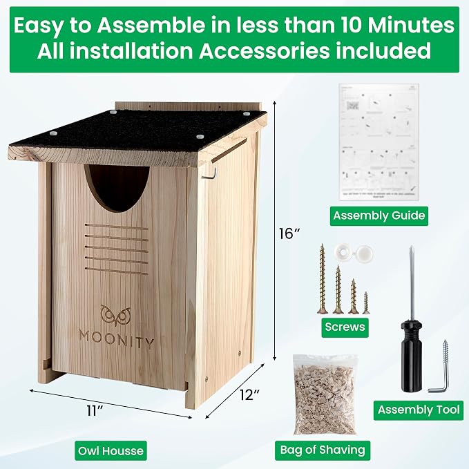 MOONITY Large Premium Cedar Owl House - 16" x 12" x 11" Weatherproof Nesting Box for Screech, Kestrel & More – Durable, Safe & Easy to Install
