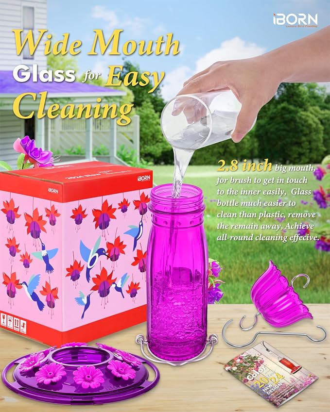 iBorn Hummingbird Feeders for Outdoors Hanging with Ant Moat for Hummingbird Feeder Glass 8 Ports for 16oz Humming Bird Nectar, Fuchsia Magenta, Pack of 1