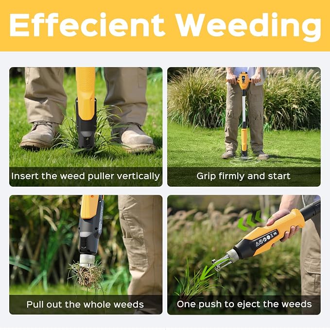 Weed Puller Tool, 21V Powerful Electric Weeder Tool with 2.0Ah Battery and Charger, Garden Tools Weed Remover Tool with 3-Claw Steel Head for Smooth Weeding, Ideal Gifts for Men Women Mom Dad, Yellow