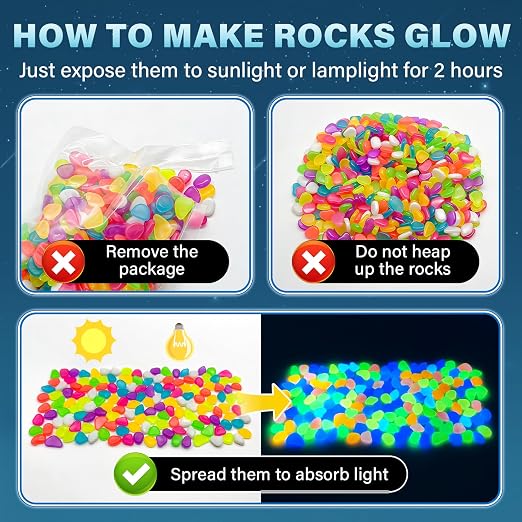 PoYang 500pcs Glow in The Dark Rocks Outdoor - Multicolor Resin Glowing Pebbles for Landscaping, Garden, Fish Tank & Aquarium Indoor Decor, Powered by Sunlight or Lamplight (0.4"-0.7"/pc, 0.6lbs/Bag)