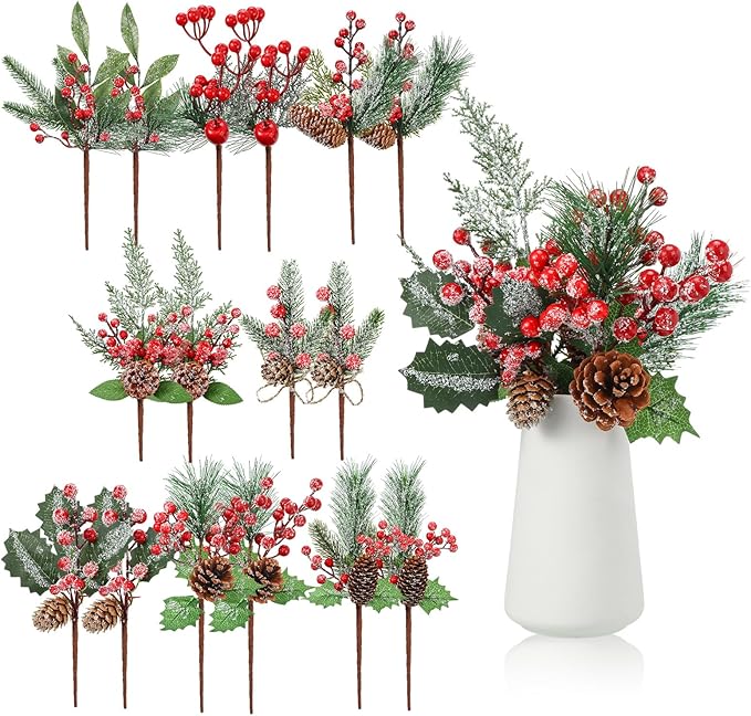 Cindeer 16 Pieces Christmas Artificial Pine Picks, 11 Inch Assorted Red Fruit Floral Picks Stems Berry Holly Berry Branches Pine Picks and Sprays for Xmas Floral Tree Christmas Wreath Winter Holiday