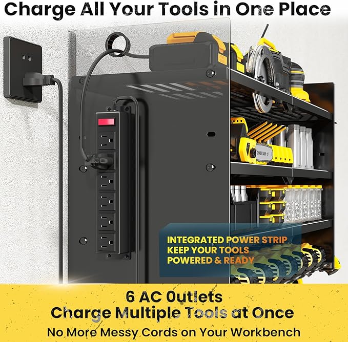 Hipidian Heavy Duty Adjustable Power Tool Organizer Wall Mount with Charging Station - 650lb Capacity 4 Layer Storage Rack with 8 Drill Holders for Garage Workshop Tools, Gifts for Men