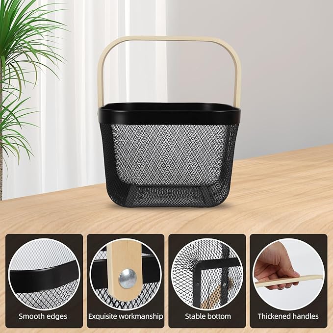 Mesh Steel Harvest Basket with Wood Handle,Hanging Kitchen Baskets Outdoor Basket,Harvest Basket for Garden Vegetables,for Shopping Garden Kitchen Bathroom Home(Black)