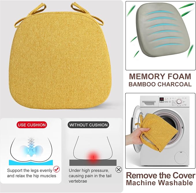 SINOSSO 6 Pack Memory Foam Chair Cushions for Dining Chairs, Friendly Woven Fabric 16" U-Shape Comfortable Kitchen Chair Pads, Removable Slip Resistant Seat Cushions (Set of 6, Yellow)