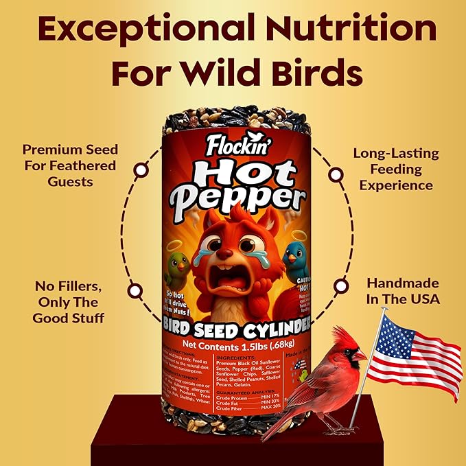 Flockin' Hot Pepper Bird Seed Cylinders with Hole – Spicy Birdseed to Reduce Squirrels – Bird Seeds for Outside Wild Birds – No Mess Birdseed – Hot Bird Seed, No Filler – USA Made (4" x 7.75") 2 Pack