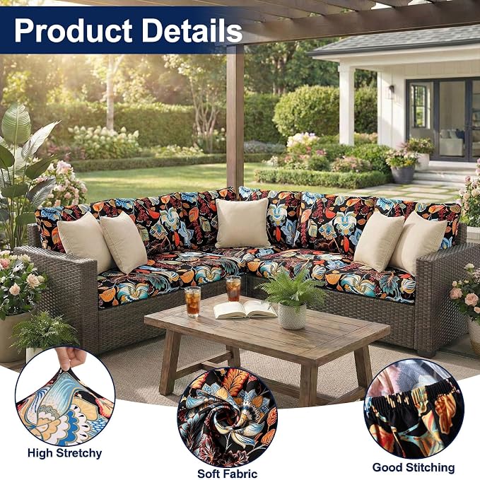 Smiry Waterproof Patio Cushion Covers, Stretch Outdoor Couch Slipcovers Replacement Washable Furniture Protector Sofa Chair Seat Cover for Dogs and Pets (12 Pcs, Black and Orange)