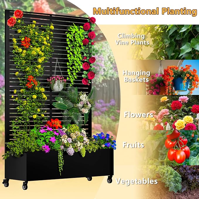 MTART Metal Planter Box with Trellis, 72.1"x47.2"x16" Outdoor Galvanized Raised Garden Bed with Privacy Screen & Drainage Holes & Lockable Casters for Climbing Plants, Vegetable (Louvered-Black1)