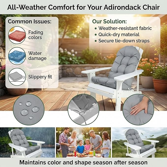 Enipate Weather Resistant Cushions for Adirondack Chair High Back Rocking Chair Cushion Indoor Outdoor Patio Tufted Lounge Cushion Seat Pads