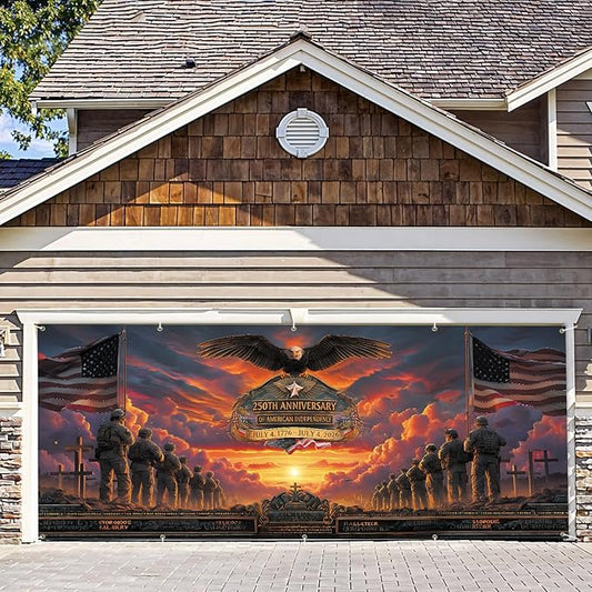 7 * 16FT Eagle flag Garage Door Cover Decorations Independence Day (250th Anniversary Garage Door Banner for Outdoor Indoor Patriot Party Photography Backdrop