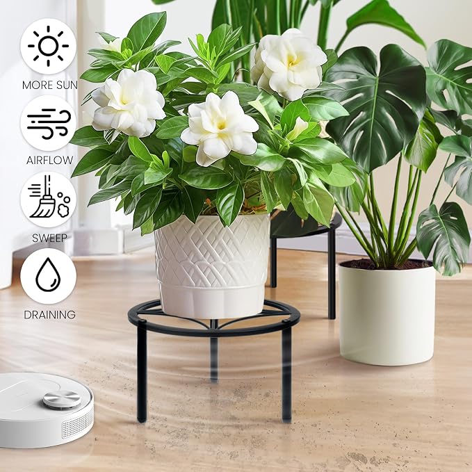 TOSKING Heavy Duty Metal Plant Stand - 9" Round Geometric Pattern, Adjustable Non-Slip Leveling Feet, Rustproof, Decorative Display Shelf for Small to Medium Plants, Indoor/Outdoor, Black (9"Dia x 6.3"H)