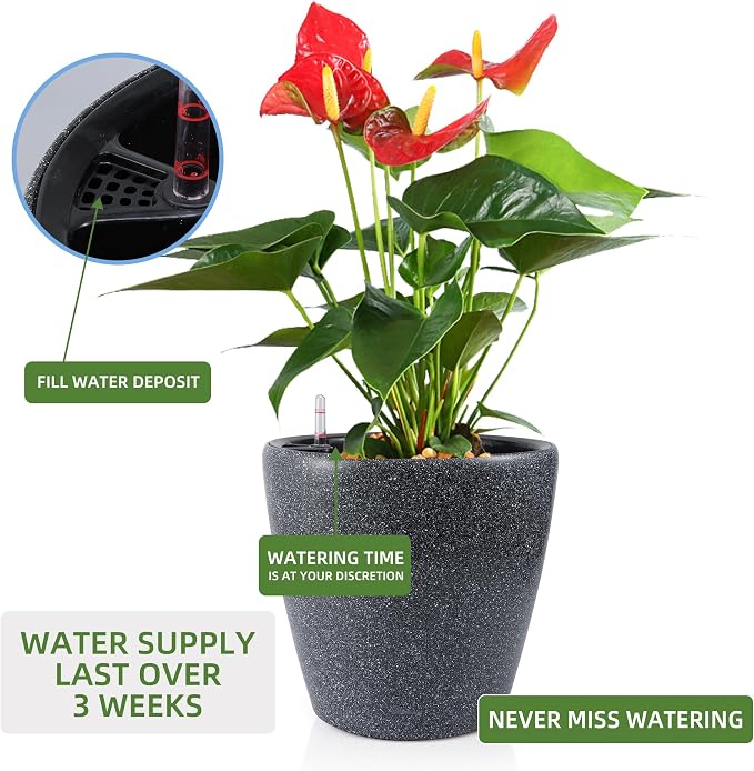 Dexceder 13x12 Self Watering Planter with Wheels (Stone Matte) | Inner Pot Design, Thickened Large Floor Standing Flower Plant Pot with Water Level Indicator Indoor Outdoor