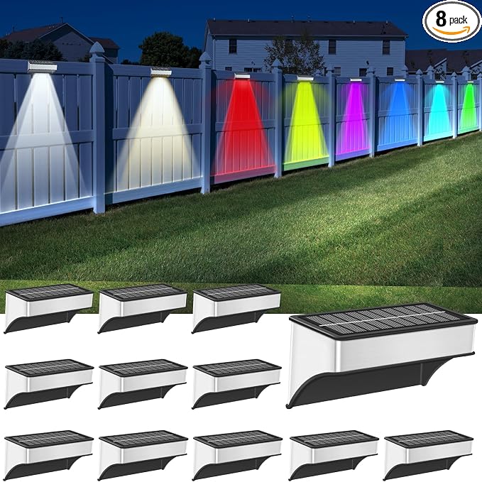 Solar Fence Lights Outdoor 12 Pack, LED Step Lights with 9 Lighting Options, Stainless Steel & IP65 Waterproof, Dusk to Dawn, Solar-Powered Wall Lamps for Outside, Deck, Steps, Patio, Backyard Decor