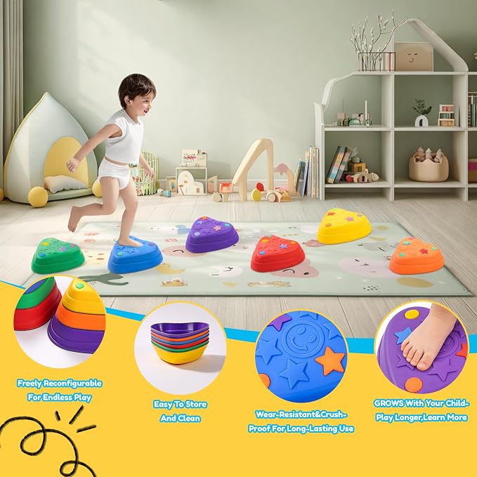 Balance Stepping Stones for Kids – 6PCS Heart-Shaped Sensory Stepping Stones with Non-Slip Textures, Balance Stones for Ages 3-12