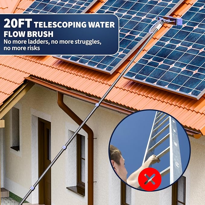 20FT Water Fed Solar Panel Cleaning Kit, Telescopic Solar Panel Cleaning Brush with Extension Pole & Soap Dispenser for Household & Outdoor