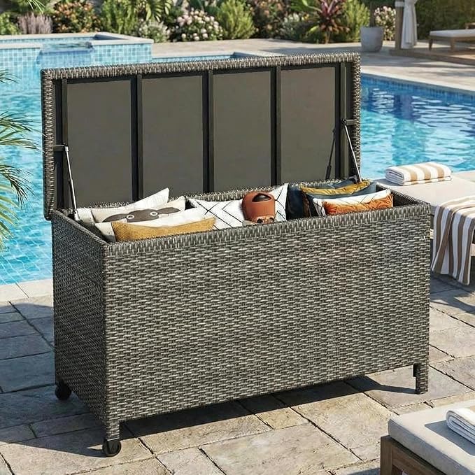 125 Gallon Wicker Deck Box, All-Weather Outdoor Storage Bin with Rattan Finish, for Patio Furniture, Cushions, Pool Supplies & Garden Tools (Gray)