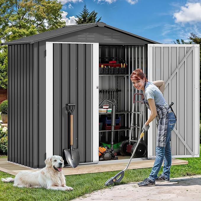 DWVO 6' x 4' Outdoor Storage Shed, Large Metal Tool Sheds, Heavy Duty Storage House with Lockable Doors & Air Vent for Backyard Patio Lawn to Store Bikes, Tools, Lawnmowers,Dark Gray
