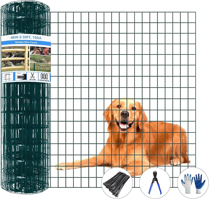 GILPWA Welded Wire Fence, 50ft(L) x 48inch(H) Garden Fence for Dog, 2 Inch x 3 Inch 16GA Fencing for Chicken, PVC Coated Anti-Rust Roll Metal Wire Mesh Fence for Yard Vegetable, Green